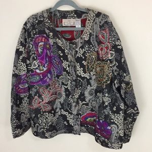 Life Style Woman Tapestry Appliqué Button Front Jacket Size 2X
